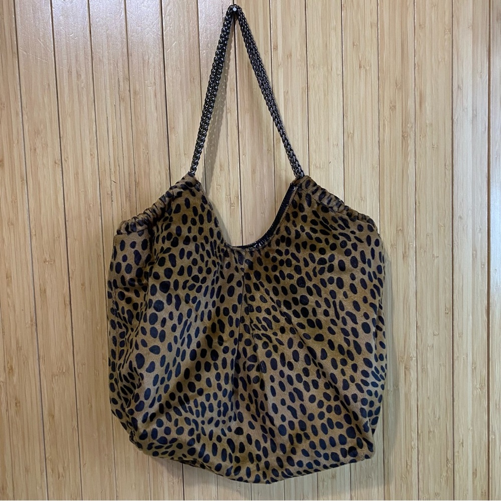 Chico’s Cheetah Print Faux Suede Shoulder Bag Metal Chain